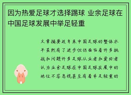 因为热爱足球才选择踢球 业余足球在中国足球发展中举足轻重