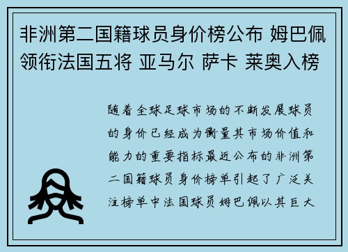 非洲第二国籍球员身价榜公布 姆巴佩领衔法国五将 亚马尔 萨卡 莱奥入榜