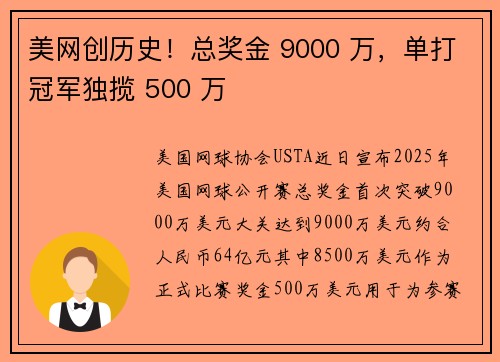 美网创历史！总奖金 9000 万，单打冠军独揽 500 万